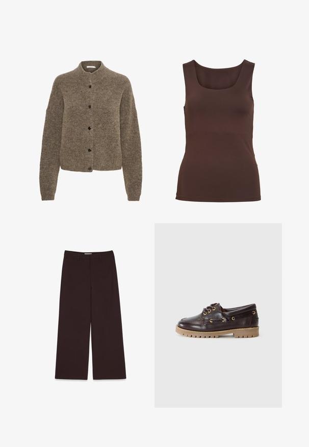 Brun cardigan lavet af blødt materiale, med rund hals, lange ærmer og sorte knapper foran.; Ærmeløs brun tanktop med firkantet halsudskæring og tætsiddende pasform, vist på en ensfarvet hvid baggrund.; Bredde ben bukser i mørkebrunt stof, med en glat tekstur, bæltestropper, forlommer, og et rent, skræddersyet design.; Mørkebrune læder bådsko med rund tå, gyldne øjer og en tekstureret, lysebrun gummisål. Har kontrasterende syninger.