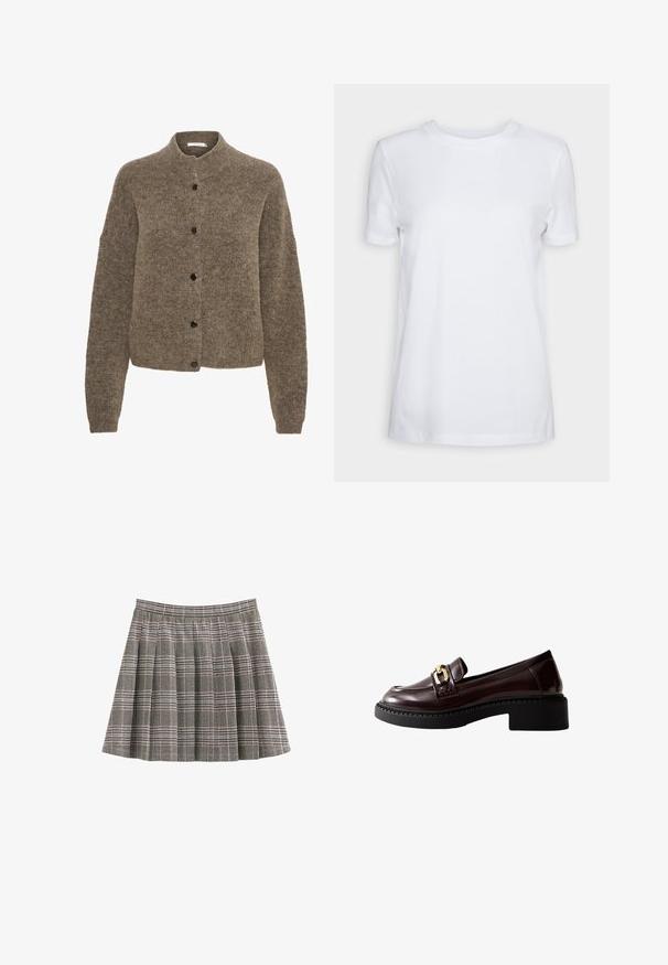 Brun cardigan lavet af blødt materiale, med rund hals, lange ærmer og sorte knapper foran.; Simpel hvid T-shirt med korte ærmer og rund hals, normal pasform og et lille indvendigt mærke på nakken med teksten "SELECTED FEMME."; Plisseret nederdel i sort, hvid og grå med folder og en tilpasset linning. Ensartet tekstur med et klassisk tartanmønster over hele.; Brune patenterede læder loafers med en kraftig sort sål, med en guldbeslag accent på fronten og diskrete syninger på siderne.