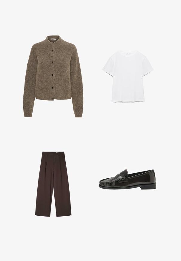 Bruine cardigan van zacht materiaal, met een ronde hals, lange mouwen en zwarte knopen aan de voorkant.; Effen wit T-shirt met korte mouwen en ronde hals, met een rechte zoom, gepresenteerd tegen een witte achtergrond.; Bruine wijde broek met verticale krijtstrepen, met een hoge taille, geplooide voorkant en een gladde textuur. Geen zichtbare sluitingen of zakken.; Zwarte glanzende leren instapslof voor heren met gestikte moc-toe en lage gestapelde hak, zijaanzicht op witte achtergrond.