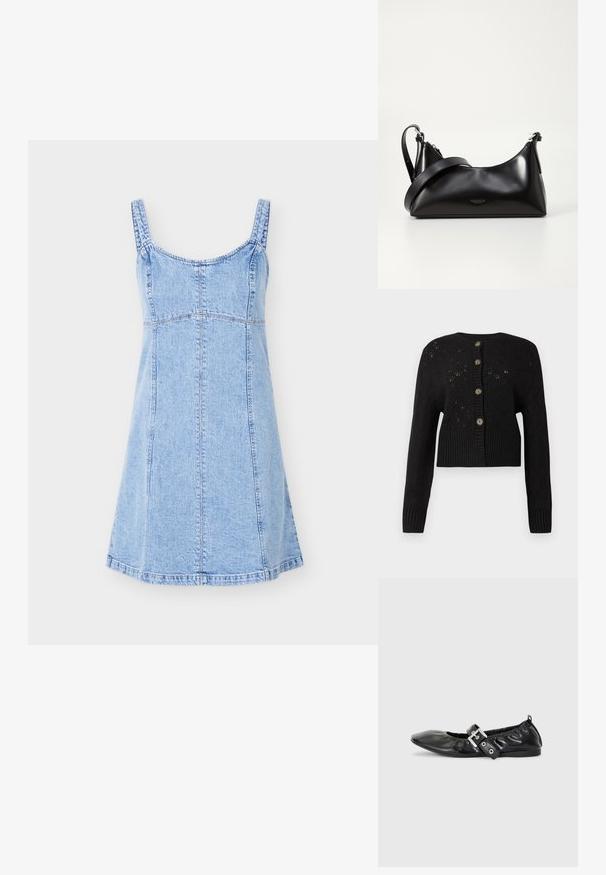 Zwarte cropped cardigan met een gestructureerd gebreid patroon, voorzien van een geribde onderkant en vijf ronde bruine knopen aan de voorkant.; Lichtblauwe denim mouwloze jurk met vierkante halslijn en zichtbare verticale en horizontale stiksel details, knielengte.; Zwarte leren platte schoen met een spitse neus, geplooide details rond de opening en een zilveren gespaccentueerde verstelbare band.; Zwarte leren handtas met een gladde textuur. Beschikt over een verstelbare schouderband en een strak, minimalistisch ontwerp met een ritssluiting.