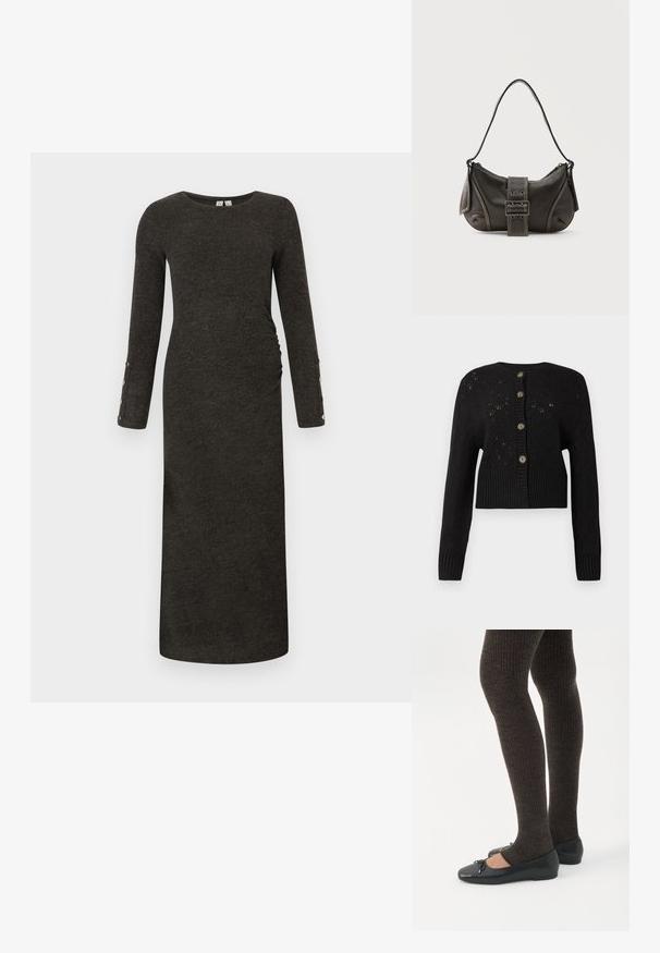 Sort cropped cardigan med et struktureret strikket mønster, der har en ribbet kant og fem runde brune knapper ned ad forsiden.; Langærmet, mørkegrå ribbet kjole med en tætsiddende silhuet og sidelæg. Har knapdetaljer på ærmekanterne, blød tekstur.; Ben iført mørke ribbede leggings kombineret med sorte balletsko med små sløjfedetaljer på hvid baggrund.; Sort læder skuldertaske med spænde på remmen, afrundede kanter og kontrasterende hvide syninger på en ensfarvet baggrund.