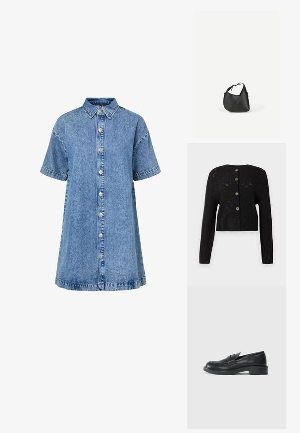 Sort cropped cardigan med et struktureret strikket mønster, der har en ribbet kant og fem runde brune knapper ned ad forsiden.; Blå kortærmet denimskjortekjole med spids krave og en forreste række sølvknapper.; Sorte læder loafers med rund tå, stikninger og en lille hæl. Glat tekstur og en fleksibel gummisål.; Sort skuldertaske i læder med en afrundet trekantet form og justerbar rem på en ensartet lys baggrund.