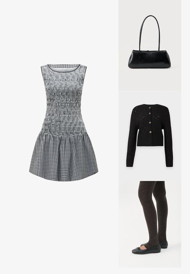 Cardigan noir court avec un motif tricoté texturé, doté d'un ourlet côtelé et de cinq boutons ronds marron sur le devant.; Robe en vichy noir et blanc avec un corsage ajusté, une texture froncée et une jupe évasée. Encolure ronde simple et design sans manches.; Jambes portant des leggings côtelés foncés associés à des ballerines noires avec de petits détails en nœud sur fond blanc.; Sac à épaule rectangulaire noir avec de longues bretelles fines et une texture lisse et brillante sur un fond uni.