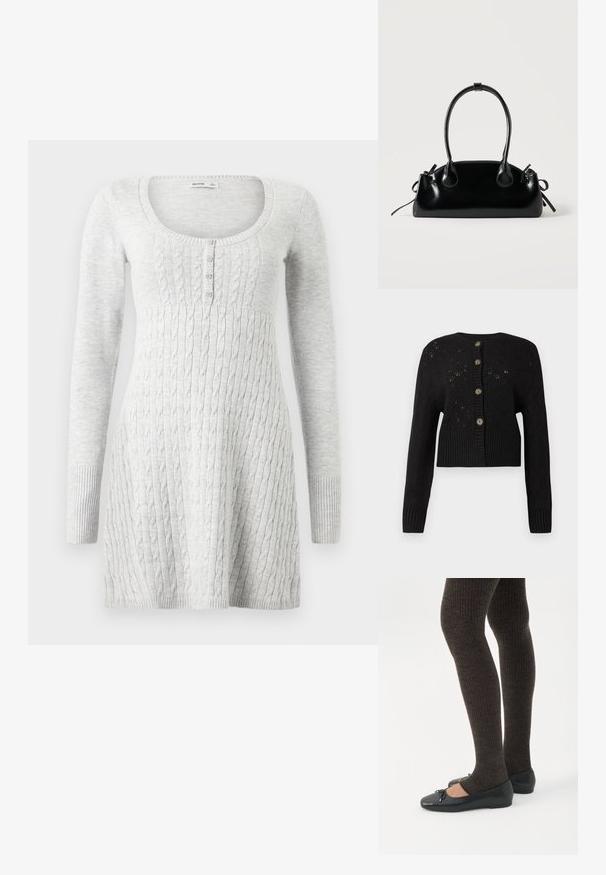 Sort cropped cardigan med et struktureret strikket mønster, der har en ribbet kant og fem runde brune knapper ned ad forsiden.; Lysegrå langærmet sweaterkjole med ribbet kant og tekstureret kabelstrikdesign. Har en rund halsudskæring og knaplukning foran.; Ben iført mørke ribbede leggings kombineret med sorte balletsko med små sløjfedetaljer på hvid baggrund.; Lille sort blank håndtaske med to lange håndtag og snøre-detaljer i siden på en ensfarvet lys baggrund.