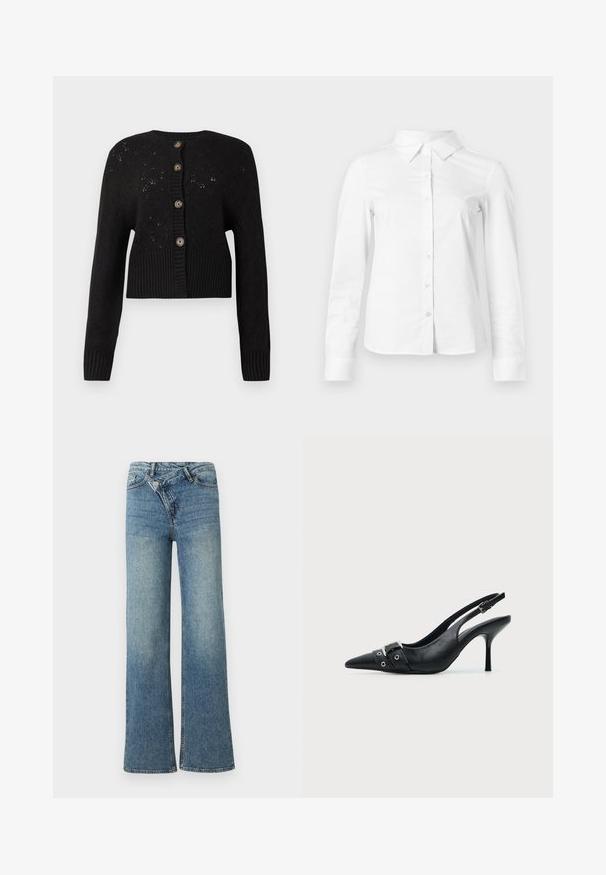 Sort cropped cardigan med et struktureret strikket mønster, der har en ribbet kant og fem runde brune knapper ned ad forsiden.; Hvid skjorte med lange ærmer, knapper, spids krave, lige kant og tætsiddende silhuet, vist på en ensartet lys baggrund.; Lyseblå denim jeans med vide ben og høj talje, let falmet effekt og knaplukning foran. Har fem lommer og minimal syning.; Sort læder højhælet sko med spidst tåparti, slingback og rem med spænde og nitter foran.