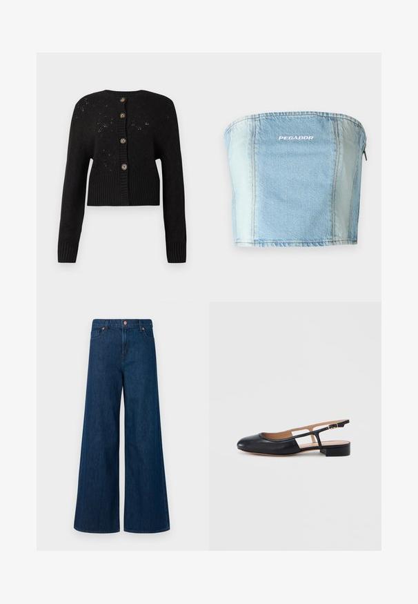 Sort cropped cardigan med et struktureret strikket mønster, der har en ribbet kant og fem runde brune knapper ned ad forsiden.; Lys blå denim strapless top med synlige stikninger, en lige udskæring og "PEGADOR" logo trykt i hvid. Lynlåsdetalje bagpå.; Blå, vidde denim jeans med frontlukning med knap, bæltestropper og fem-lommers design på en hvid baggrund.; Sort læder lavhælet slingback-sko med rundet snude og justerbar rem med guldfarvet spænde mod hvid baggrund.