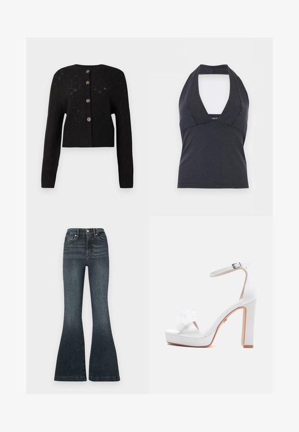 Sort cropped cardigan med et struktureret strikket mønster, der har en ribbet kant og fem runde brune knapper ned ad forsiden.; Sort halterneck-top med dyb V-udskæring og tætsiddende talje, designet uden ærmer på en ensfarvet baggrund.; Good American ALWAYS FITS GOOD LEGS FLARE TROUSER - Flared jeans - indigo; Hvid højhælet sandal med ankelsnor, blokhæl, platåsål og dekorativt stofblomst på tåremmen.