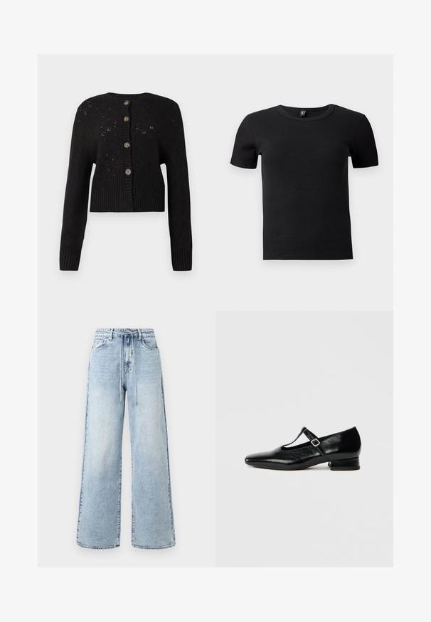 Zwarte cropped cardigan met een gestructureerd gebreid patroon, voorzien van een geribde onderkant en vijf ronde bruine knopen aan de voorkant.; Zwart T-shirt met korte mouwen, gemaakt van ribbelstof. Beschikt over een klassieke ronde halslijn en een getailleerde silhouette. Geen extra accenten.; Lichtblauwe wijde-lijf jeans van denim, met een hoge taille, trekkoordsluiting en een vijf-pocket ontwerp met minimale vervaging.; Zwarte leren Mary Jane schoenen met een puntige neus, een kleine blokhak en een verstelbare riem met een zilveren gesp. Gladde, glanzende textuur.