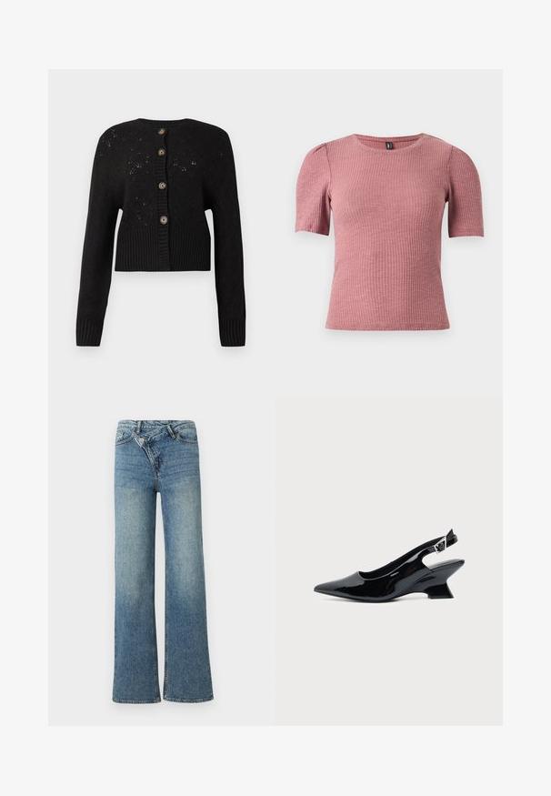 Sort cropped cardigan med et struktureret strikket mønster, der har en ribbet kant og fem runde brune knapper ned ad forsiden.; Kortærmet, tekstureret top i støvet rosa ribstrikket stof. Rund halsudskæring med diskrete pufærmer. Figursyet pasform, strækbart materiale.; Lyseblå denim jeans med vide ben og høj talje, let falmet effekt og knaplukning foran. Har fem lommer og minimal syning.; Sort laklæder slingback sko med spids tå og lav vinklet blokhæl på ensartet lys baggrund.