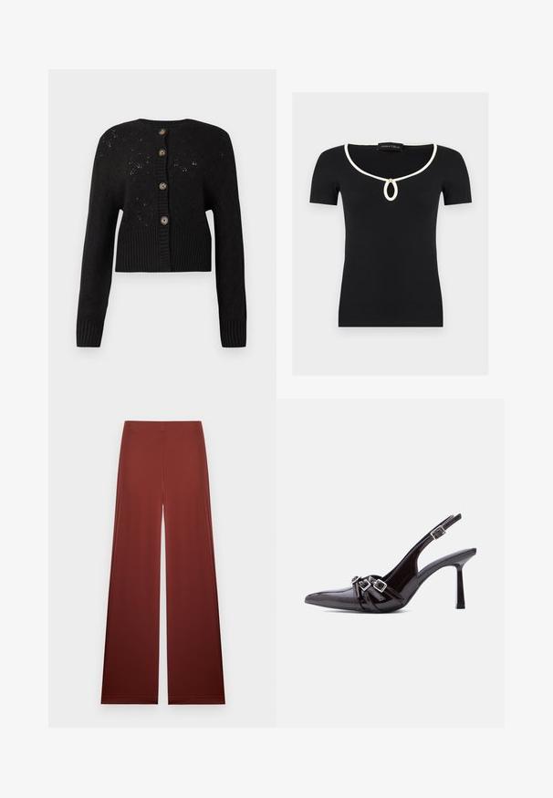 Sort cropped cardigan med et struktureret strikket mønster, der har en ribbet kant og fem runde brune knapper ned ad forsiden.; Sort kortærmet ribstrikket top med hvid kant rundt om den runde halsudskæring og en lille dråbeformet udskæring sikret med en guldknap.; Bukser med lige ben og høj talje i ensfarvet rustbrun med en glat linning uden synlige lukninger eller lommer.; Sort slingback højhælet sko i laklæder med spids tå og tre dekorative spænder over vristen.