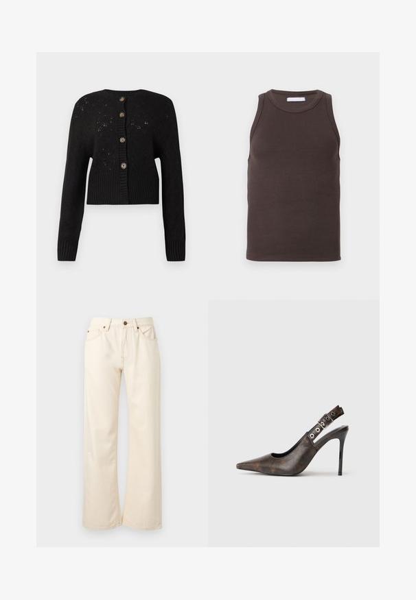 Cardigan noir court avec un motif tricoté texturé, doté d'un ourlet côtelé et de cinq boutons ronds marron sur le devant.; Débardeur marron côtelé avec encolure ronde et sans manches. Tissu extensible avec une texture lisse. Style simple et minimaliste.; Pantalon droit écru avec bouton et fermeture éclair à l'avant, passants pour ceinture et poches, présenté sur un fond gris clair.; Chaussure à talon haut slingback en cuir marron, à bout pointu, avec une sangle réglable et un talon aiguille noir sur fond uni.