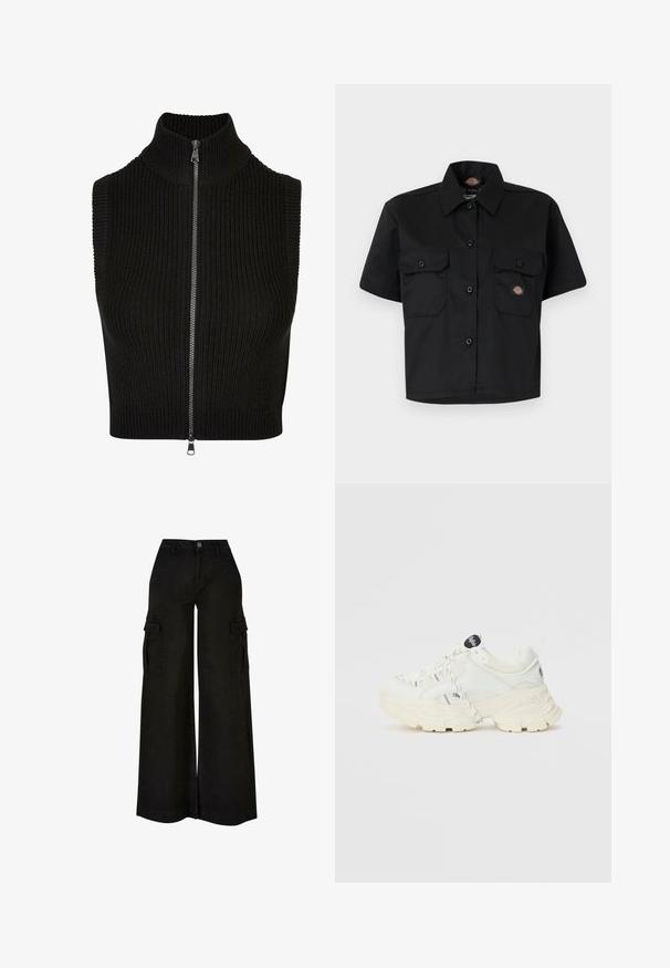 Zwarte mouwloze top met hoge kraag, geribbelde textuur en volledige rits aan de voorkant. Eenvoudig ontwerp zonder extra patronen of accenten.; Korte mouwen zwarte shirt gemaakt van duurzaam materiaal, met twee grote voorzakken en een knoopsluiting met kraag.; Zwarte wijde cargo-broek met hoge taille, knoop aan de voorkant, rits, riemlussen en klepzakken op beide dijen.; Witte sneakers met een gestructureerde mesh bovenkant, een chunky zool en gestreepte accenten. Voorzien van gevlochten veters en een zwart logo op de tong.
