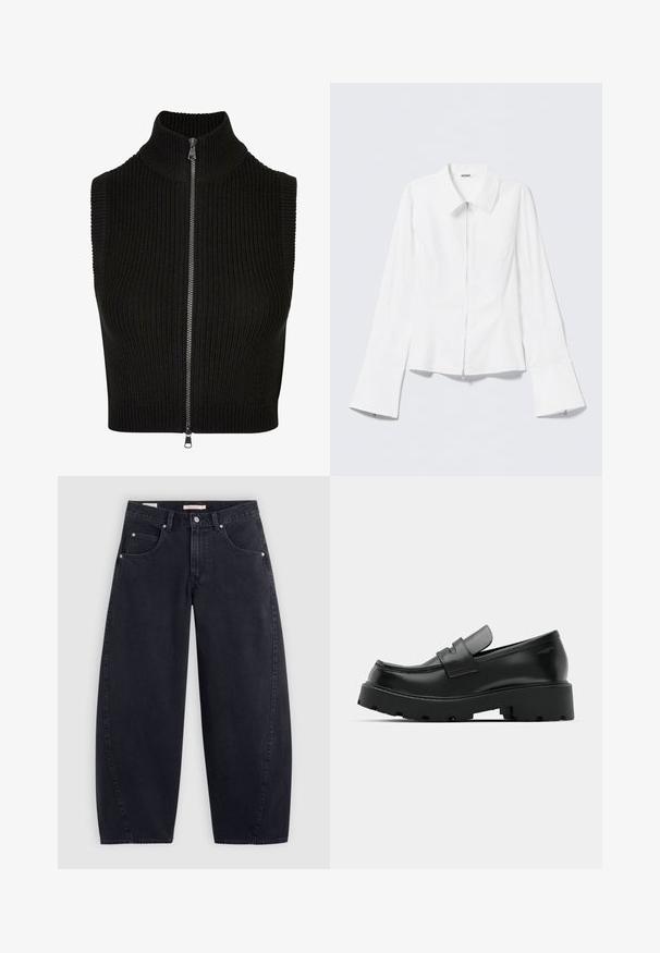 Zwarte mouwloze top met hoge kraag, geribbelde textuur en volledige rits aan de voorkant. Eenvoudig ontwerp zonder extra patronen of accenten.; Wit lang mouwen shirt met een kraag en een rits aan de voorkant. Heeft uitlopende manchetten en een gladde, katoenmengseltextuur.; Zwarte denim wijde pijpen jeans met een hoge taille, twee frontzakken en zilveren hardware. Gladde textuur, minimale stiksels en rechte snit.; Zwarte leren instappers met een chunky, gestructureerde zool, voorzien van een band over de voet en een gladde, gepolijste afwerking.