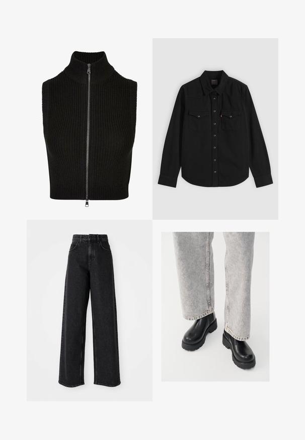 Zwarte mouwloze top met hoge kraag, geribbelde textuur en volledige rits aan de voorkant. Eenvoudig ontwerp zonder extra patronen of accenten.; Zwarte blouse met lange mouwen, knopen, twee borstzakken vooraan en kraag, plat uitgespreid op een lichtgrijze achtergrond.; Zwarte high-waisted wide-leg jeans van denim, met een klassiek vijf-pocket ontwerp en subtiele stikdetails.; Vagabond COSMO - Enkellaarsjes met plateauzool - black