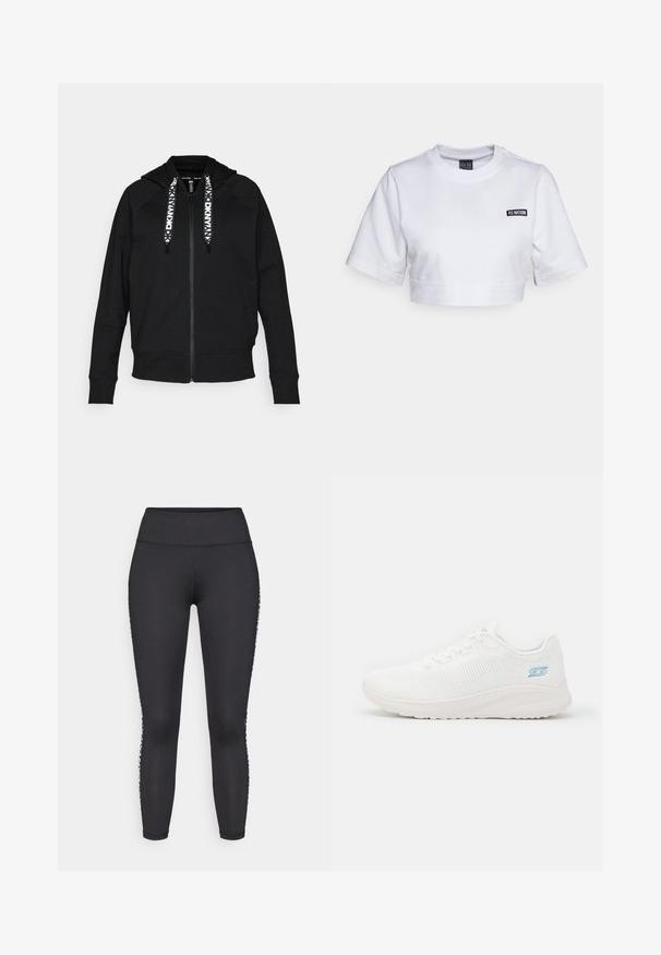 Zwarte rits hoodie gemaakt van zachte stof. Voorzien van een capuchon, raglanmouwen en contrasterende witte trekkoorden met een geometrisch patroon.; P.E Nation VOLLEY TEE - T-shirt print - optic white; Zwarte full-length leggings van rekbaar materiaal, met een gladde tailleband en witte gemusterde accenten langs de zijnaad.; Witte sportschoen met een ademende mesh bovenkant, textuurontwerp, vetersluiting aan de voorkant en een flexibele rubberen buitenzool met een lichte hak.