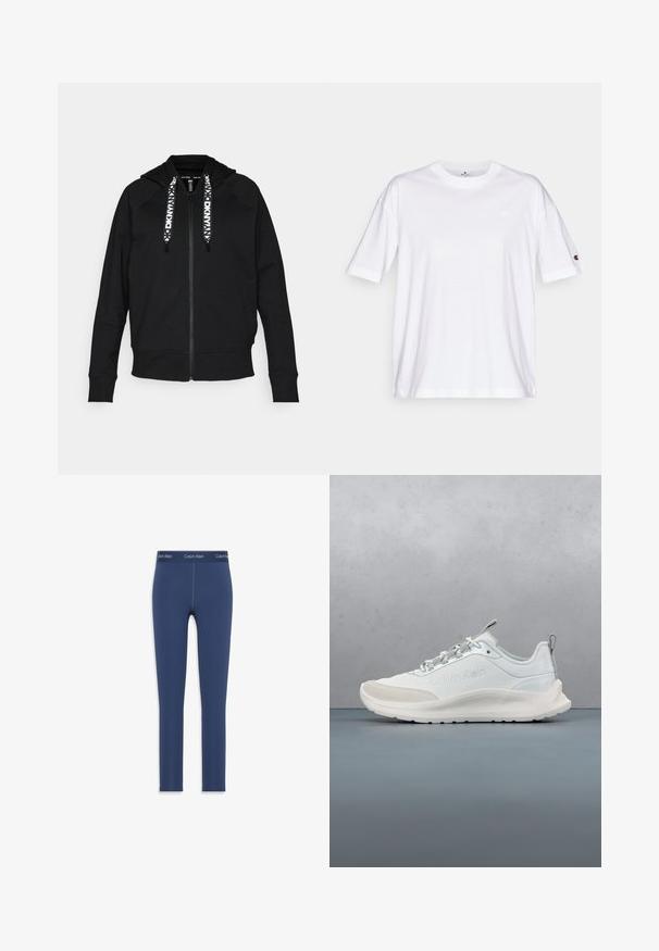 Zwarte rits hoodie gemaakt van zachte stof. Voorzien van een capuchon, raglanmouwen en contrasterende witte trekkoorden met een geometrisch patroon.; Wit katoenen T-shirt met een ronde hals, korte mouwen en een klein logo op de linkerborst. Soepele textuur, standaard pasvorm.; Marineblauwe leggings van rekbaar materiaal, met een gladde textuur en een elastische tailleband met het Calvin Klein-logo erop gedrukt.; Witte Calvin Klein sneaker met dikke zool, veters en logo aan de zijkant, zwevend boven een terracotta tegel- en grindvloer buiten.