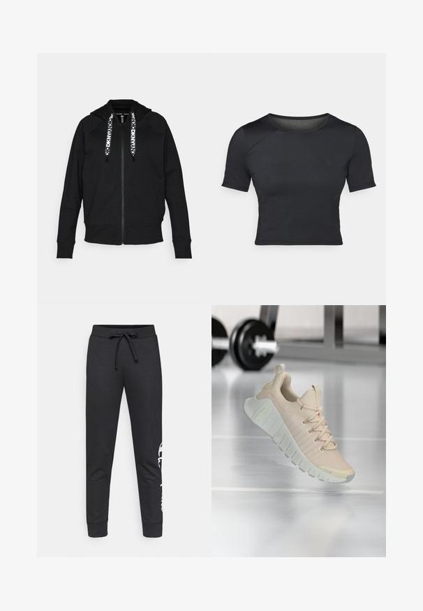 Haut de hoodie zippé noir en tissu doux. Comprend une capuche, des manches raglan et des cordons de serrage contrastants blancs avec un motif géométrique.; Crop top noir à manches courtes fabriqué en tissu lisse et extensible, avec un col rond et de subtiles détails de coutures au niveau des épaules.; Pantalon de survêtement noir en coton, avec une taille à cordon, des jambes effilées et un logo blanc imprimé sur un côté. Texture lisse.; Baskets légères de couleur beige doux. Présentent une tige texturée, des lacets plats et une semelle épaisse à rainures avec des accents de marque subtils.
