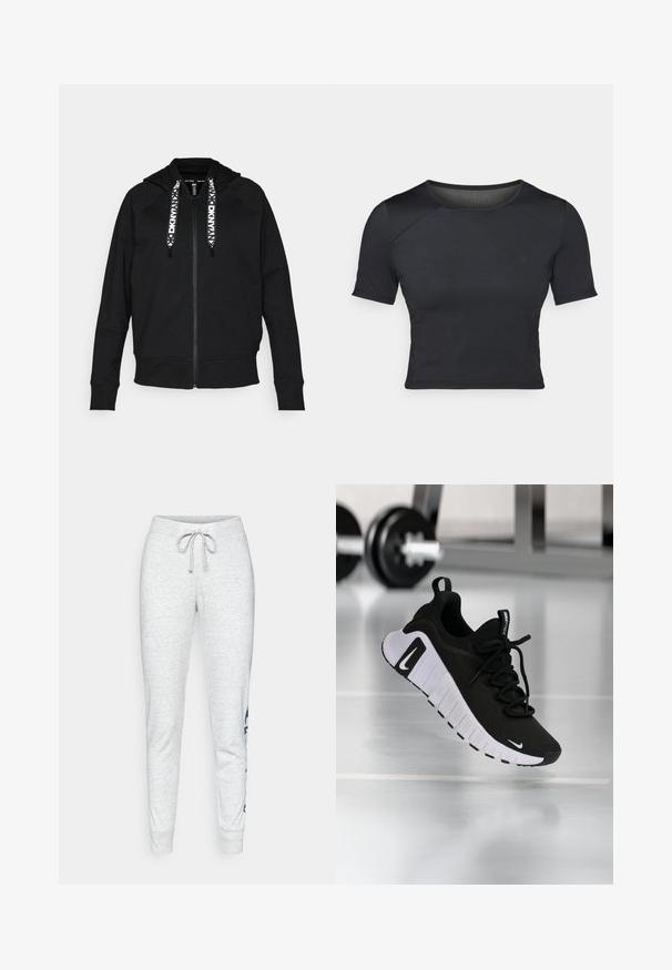 Schwarze Zip-Hoodie aus weichem Stoff. Verfügt über eine Kapuze, Raglanärmel und kontrastierende weiße Kordeln mit geometrischem Muster.; Schwarzes, kurzärmliges Crop-Top aus glattem, elastischem Stoff mit rundem Ausschnitt und dezenten Nahtdetails an den Schultern.; Graue Jogginghosen aus Baumwolle mit elastischem Bund und Kordelzug, ausgestattet mit zulaufenden Beinen und einem marineblauen Grafikdruck auf der linken Seite.; Schwarzer Sportschuh mit strukturiertem Stoffobermaterial, weißer Sohle und auffälligem Schnürsystem. Verfügt über ein Nike-Logo und ein weiches, gepolstertes Design.