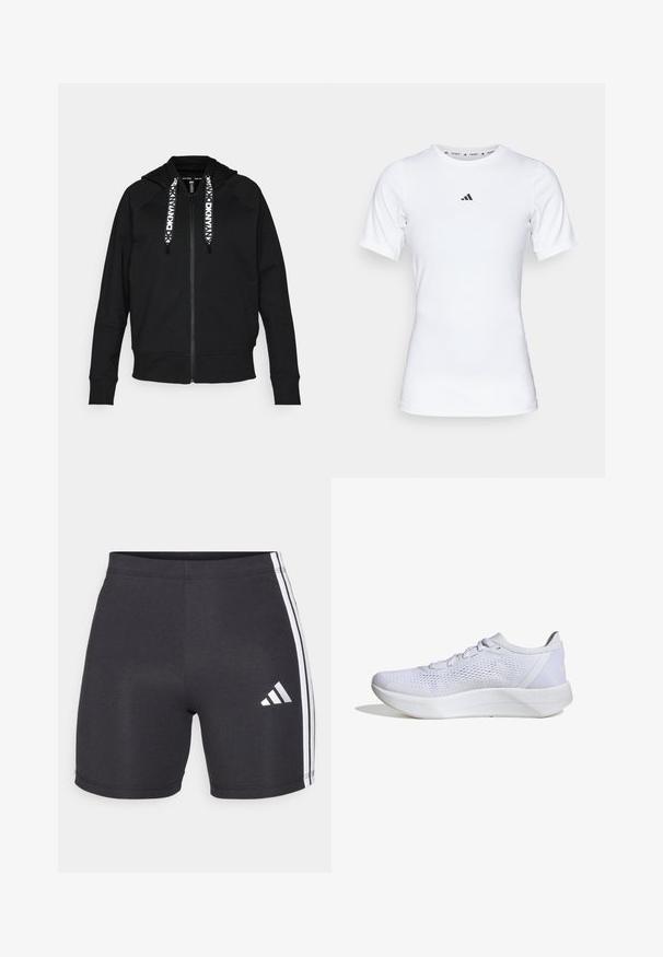 Schwarze Zip-Hoodie aus weichem Stoff. Verfügt über eine Kapuze, Raglanärmel und kontrastierende weiße Kordeln mit geometrischem Muster.; Weißes Sportshirt mit kurzen Ärmeln, aus glattem, dehnbarem Stoff. Mit kleinem schwarzem Adidas-Logo auf der Brust.; Schwarze sportliche Shorts aus dehnbarem Material, mit weißen Seitestreifen und einem Adidas-Logo am unteren rechten Bein. Glatte Textur.; Weißer Sportschuh mit atmungsaktivem Mesh-Obermaterial, Schnürdesign, gepolstertem Kragen und einer strukturierten Gummisohle für besseren Halt.