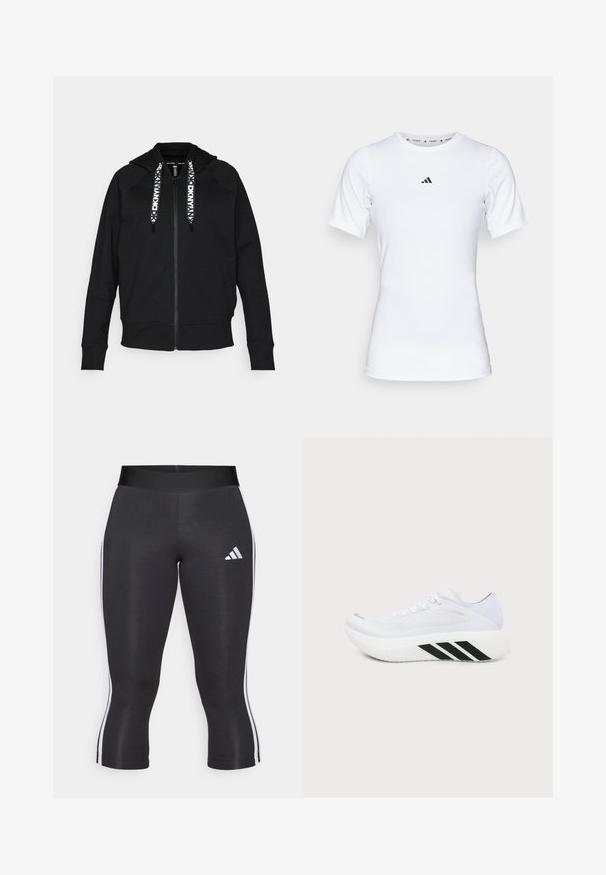 Zwarte rits hoodie gemaakt van zachte stof. Voorzien van een capuchon, raglanmouwen en contrasterende witte trekkoorden met een geometrisch patroon.; Witte sportshirt met korte mouwen, gemaakt van zachte, rekbare stof. Voorzien van een klein zwart Adidas-logo op de borst.; Zwarte capri leggings met een brede tailleband, voorzien van witte zijkanten en een wit Adidas logo op de linker dij. Glad textuur.; Witte sportschoen met dikke zool, zwarte diagonale strepen op de tussenzool, mesh bovenwerk en veters, vanaf de zijkant afgebeeld op een effen achtergrond.