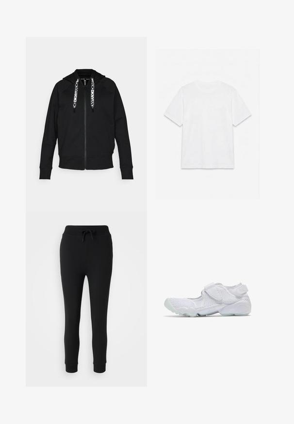 Schwarze Zip-Hoodie aus weichem Stoff. Verfügt über eine Kapuze, Raglanärmel und kontrastierende weiße Kordeln mit geometrischem Muster.; Schlichtes weißes T-Shirt mit kurzen Ärmeln und Rundhalsausschnitt, flach auf weißem Hintergrund liegend.; Even&Odd Petite Jogginghose - black; Weißer Sportschuh mit Mesh-Obermaterial, Klettverschluss über dem Rist und gepolsterter Sohle mit der Beschriftung "AIR,", von der Seite vor weißem Hintergrund gesehen.