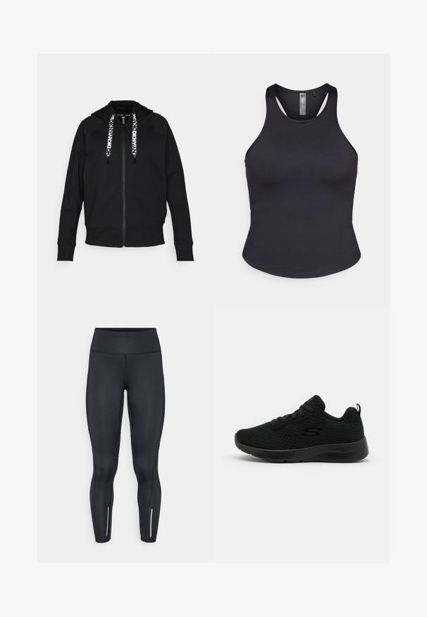 Čierna mikina na zips vyrobená z mäkkej tkaniny. Má kapucňu, raglánové rukávy a kontrastné biele šnúrky s geometrickým vzorom.; ONLY Play ONPSANA SHORT - Top - black; Čierne legíny z elastického materiálu s vysokým pásom, obsahujúce reflexné prvky pri členkoch a hladkým povrchom.; Čierne športové tenisky s prednou časťou z pleteného materiálu, polstrovaným golierom, šnurovaním a textúrovanou gumovou podrážkou. Jednoduchý a elegantný silueta.