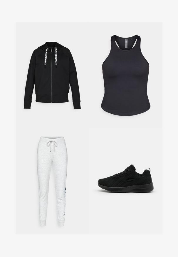 Zwarte rits hoodie gemaakt van zachte stof. Voorzien van een capuchon, raglanmouwen en contrasterende witte trekkoorden met een geometrisch patroon.; ONLY Play ONPSANA SHORT - Top - black; Grijze katoenen joggingbroek met elastische tailleband en trekkoord, voorzien van taps toelopende pijpen en een marineblauwe grafische print aan de linkerkant.; Zwarte sport sneakers met een bovenwerk van mesh, gewatteerde kraag, vetersluiting en een gestructureerde rubberen zool. Eenvoudige en gestroomlijnde silhouette.