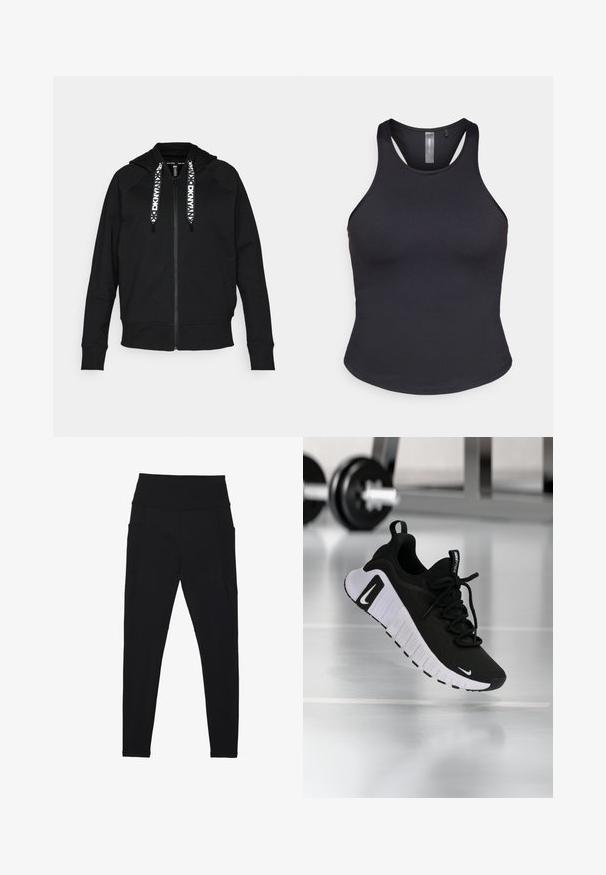 Schwarze Zip-Hoodie aus weichem Stoff. Verfügt über eine Kapuze, Raglanärmel und kontrastierende weiße Kordeln mit geometrischem Muster.; ONLY Play ONPSANA SHORT - Top - black; Schwarze Leggings mit einem hohen, gerippten Bund, seitlichen Taschen und einem glatten, elastischen Stoff. Schmale Passform entlang der Beine.; Schwarzer Sportschuh mit strukturiertem Stoffobermaterial, weißer Sohle und auffälligem Schnürsystem. Verfügt über ein Nike-Logo und ein weiches, gepolstertes Design.