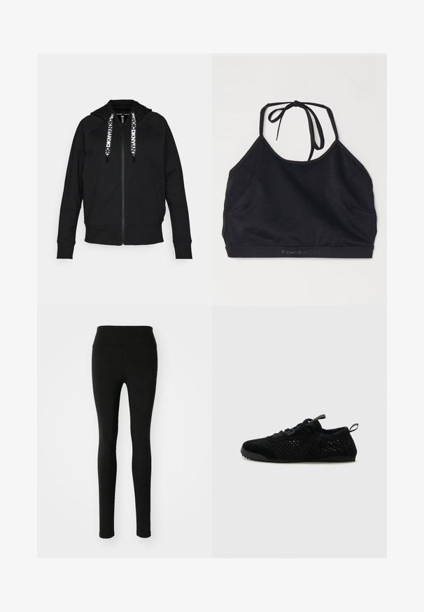 Sort lynlås hættetrøje lavet af blødt stof. Har hætte, raglanærmer og kontrasterende hvide snore med et geometrisk mønster.; Sort atletisk crop top lavet af strækbart stof. Har et bindebånd bagpå, en rund halsudskæring og et diskret logo langs kanten.; Sorte leggings lavet af strækbart stof, med høj talje og et diskret logo med rhinsten på venstre side.; Sorte atletik sko med en overdel i mesh, suede-detaljer og en tekstureret sål. Letvægtsdesign med en lav profil silhuet.