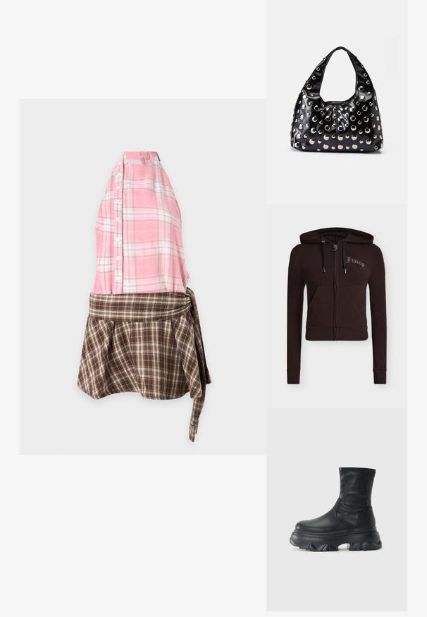 Sweat à capuche zippé noir avec poches avant, capuche avec cordon, manches longues et texte "Juicy" brodé sur le côté gauche de la poitrine en strass.; Robe sans manches avec un haut à carreaux rose boutonné et une jupe à carreaux marron avec un détail de taille noué, présentée sur un fond uni.; Botte noire mi-mollet avec tige en cuir lisse et semelle épaisse sculptée avec un motif de crampons profond.; Sac à main en cuir verni noir avec une forme arrondie, décoré de clous métalliques argentés de différentes tailles et doté d'une large sangle pour un transport facile.