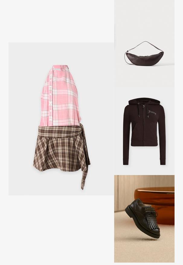 Sweat à capuche zippé noir avec poches avant, capuche avec cordon, manches longues et texte "Juicy" brodé sur le côté gauche de la poitrine en strass.; Robe sans manches avec un haut à carreaux rose boutonné et une jupe à carreaux marron avec un détail de taille noué, présentée sur un fond uni.; Chaussure en cuir noire à lacets avec franges décoratives et clous métalliques posée sur un tapis beige près d'un meuble marron.; Sac d'épaule en cuir marron foncé en forme de croissant avec une lanière courbée et des coutures visibles sur fond uni.