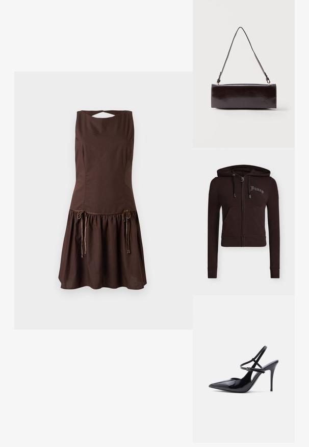 Sweat à capuche zippé noir avec poches avant, capuche avec cordon, manches longues et texte "Juicy" brodé sur le côté gauche de la poitrine en strass.; Robe marron sans manches avec un corsage ajusté et une jupe évasée. Caractéristiques des détails à cordon à la taille et un dos ouvert.; Chaussure à talon haut en cuir verni noir à bout pointu, avec deux fines brides de cheville ajustables et un talon aiguille, vue de côté.; Sac à main rectangulaire en cuir noir avec une longue bandoulière unique et une finition brillante, présenté sur un fond blanc uni.