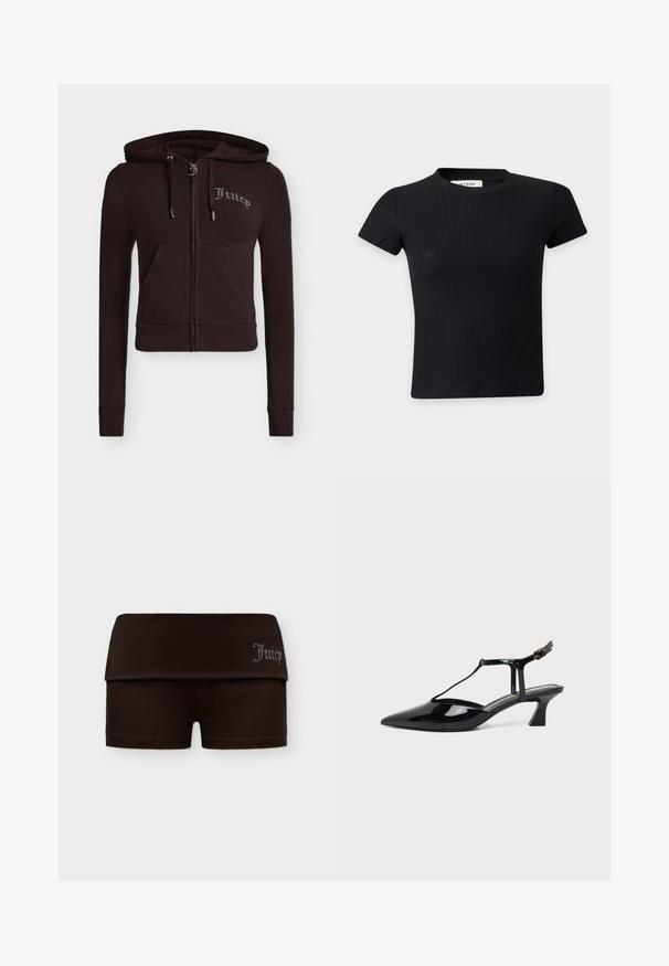 Sweat à capuche zippé noir avec poches avant, capuche avec cordon, manches longues et texte "Juicy" brodé sur le côté gauche de la poitrine en strass.; Crop top noir côtelé à manches courtes avec col rond en tissu extensible.; Shorts marron foncé à taille rabattue avec "Juicy" écrit en strass sur le côté droit sur un fond blanc uni.; Chaussure slingback en cuir verni noir à bout pointu avec bride en T et petit talon bloc incliné sur fond blanc.
