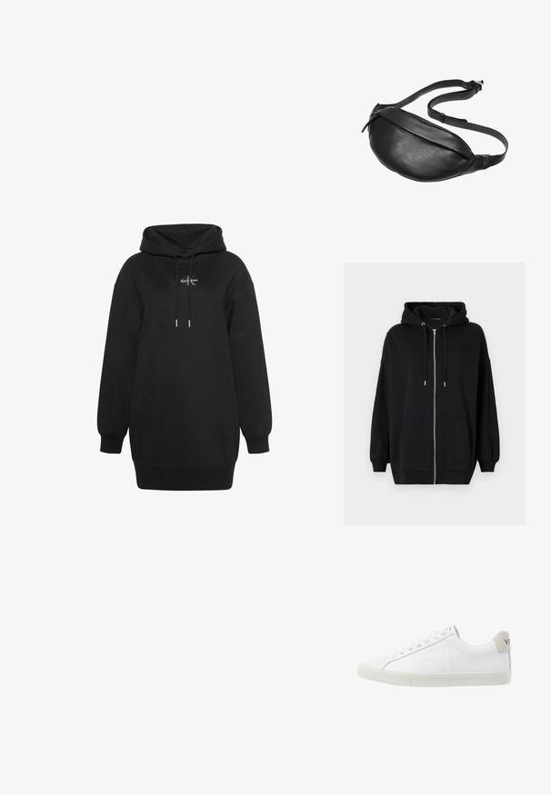 Schwarze Zip-Hoodie aus weichem Stoff, mit einer Kapuze zum Einziehen, zwei Fronttaschen und gerippten Bündchen für eine lässige Passform.; Schwarzes langes Hoodie-Kleid mit langen Ärmeln, Fronttasche, verstellbaren Kapuzenbändern und kleinem weißen Calvin Klein Logo mittig auf der Brust.; Weiße Ledersneaker mit einer strukturierten, cremefarbenen Gummisohle. Zu den Merkmalen gehören Schnürsenkel, dezente Nähte und ein grauer Wildleder-Hackeneinsatz.; Schwarze Leder Hüfttasche mit geschwungenem Design und glatter Textur. Sie verfügt über einen langen, verstellbaren Riemen und einen dezenten Reißverschluss.