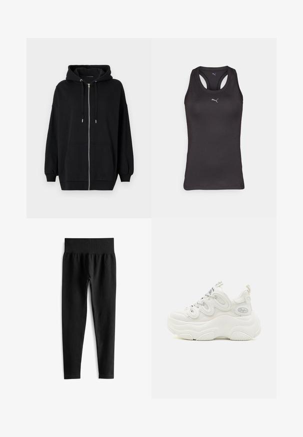 Schwarze Zip-Hoodie aus weichem Stoff, mit einer Kapuze zum Einziehen, zwei Fronttaschen und gerippten Bündchen für eine lässige Passform.; Schwarzes Sporttanktop mit Racerback-Design, aus glattem Stoff gefertigt, mit einem kleinen grauen Logo in der Mitte vorne.; Schwarze gerippte Leggings mit einem breiten elastischen Bund, das eine taillierte Silhouette und eine glatte Textur aufweist. Keine sichtbaren Beschläge oder Muster.; Weiße klobige Sneaker mit einem Obermaterial aus Mesh und Synthetik, geschwungener Form, strukturiertem Absatz und einem auffälligen Schnürsystem mit Logodetails.