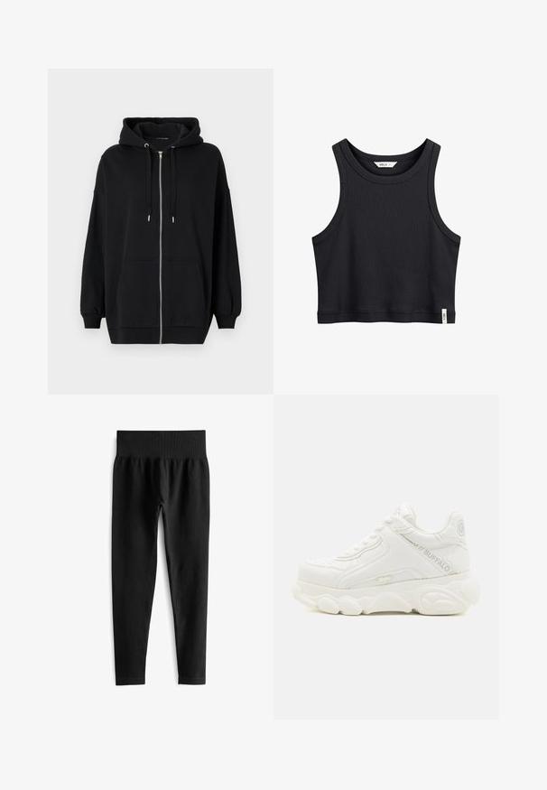 Zwarte zip-up hoodie van zacht materiaal, met een trekkoordcapuchon, twee voorkruiszakken en geribbelde boorden voor een relaxte pasvorm.; Zwarte geribde cropped tanktop met brede schouderbanden, ronde halslijn en een klein wit merkje onderaan de zoom.; Zwarte geribde leggings met een brede elastische tailleband, met een aansluitende pasvorm en een gladde textuur. Geen zichtbare hardware of patronen.; Witte chunky sneaker met dikke zool, vetersluiting en "Buffalo"-branding op de zijkant en hiel.