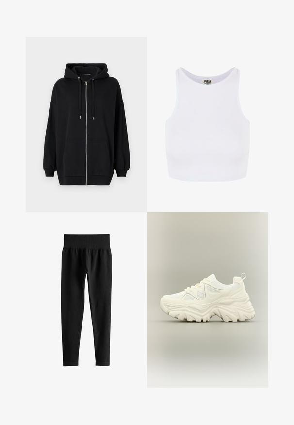 Zwarte zip-up hoodie van zacht materiaal, met een trekkoordcapuchon, twee voorkruiszakken en geribbelde boorden voor een relaxte pasvorm.; Witte geribbelde crop tanktop met brede schouderbanden en een ronde halslijn. Beschikt over een zachte textuur en een minimalistisch ontwerp zonder patronen.; Zwarte geribde leggings met hoge taille, brede elastische tailleband en volledige smalle pijpen op een witte achtergrond.; Witte chunky sneaker met dikke textuurrijke zool, mesh panelen, veters aan de voorkant en een treklipje aan de hiel op een neutrale achtergrond.