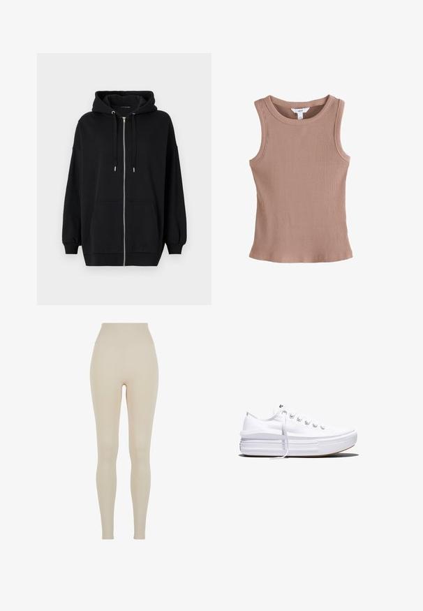 Schwarze Zip-Hoodie aus weichem Stoff, mit einer Kapuze zum Einziehen, zwei Fronttaschen und gerippten Bündchen für eine lässige Passform.; Geripptes Tanktop in einem sanften Braunton. Mit einem runden Ausschnitt und ärmellosem Design. Glatte Textur mit taillierter Silhouette.; Beige Leggings aus dehnbarem Stoff mit hohem Bund; glatte Textur, figurbetonte Silhouette, keine sichtbaren Muster oder Hardware-Details.; Weißer Canvas-Sneaker mit niedrigem Schnitt, dicker Plateau-Sohle, vorderer Schnürung und rauer Gummikappe an der Spitze, aus seitlicher Ansicht gezeigt.