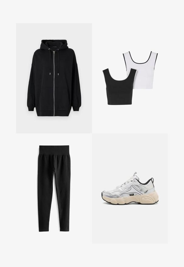 Schwarze Zip-Hoodie aus weichem Stoff, mit einer Kapuze zum Einziehen, zwei Fronttaschen und gerippten Bündchen für eine lässige Passform.; Zwei nahtlose Crop-Tops, eines schwarz und eines weiß, beide mit einem Rundhalsausschnitt und kontrastierenden Besätzen in Schwarz und Weiß, jeweils.; Schwarze gerippte Leggings mit einem breiten elastischen Bund, das eine taillierte Silhouette und eine glatte Textur aufweist. Keine sichtbaren Beschläge oder Muster.; Weißer Sportschuh mit Mesh- und Synthetikpaneelen, silbernen Akzenten, klobiger cremiger Sohle und kontrastierenden schwarzen Details. Verfügt über ein Schnürsystem.