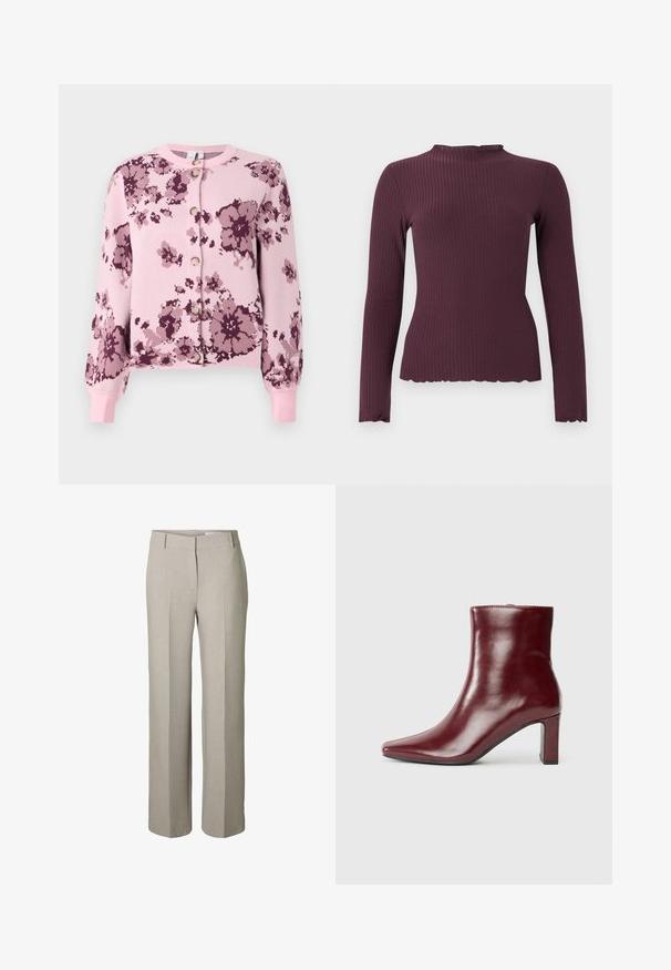 Rosa blomsterstrik med lilla detaljer, der har knaplukning, ribbede manchetter og en blød struktur. Designet inkluderer spredte blomstermønstre.; Langærmet ribstrikket top i mørk blommefarve med en let rynket rund halsudskæring og kant, tætsiddende silhuet.; Beige bukser med lige ben, front folder, linning med bæltestropper og skjult frontlås.; Bordeauxfarvet læderankelstøvle med spids tå og blokhæl. Glat tekstur med en strømlinet silhuet og rene linjer.