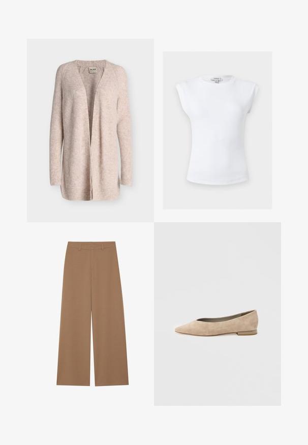 Cardigan beige doux en gros tricot à ouverture devant, manches longues et poignets côtelés, fabriqué par Mos Mosh.; Haut blanc sans manches côtelé avec épaules rembourrées et col rond, taille petite, étiquette de marque Topshop à l'intérieur du col.; Pantalons à jambes larges de couleur marron uni, fabriqués à partir d'un tissu texturé ; dotés d'une taille haute et d'un design structuré avec passants de ceinture.; Chaussure plate pour femme en daim beige avec un bout pointu et un petit talon, vue de côté sur un fond clair uni.