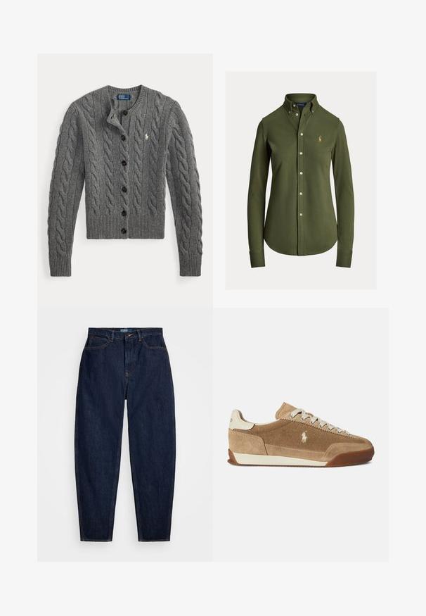 Grå kabelstrikket cardigan med knapper foran, lange ærmer, ribstrikkede manchetter og kant, med et lille hvidt broderet logo på brystet.; Langærmet skjorte i olivengrøn, lavet af blødt stof, med klassisk krave og broderet logo på venstre bryst.; Mørkeblå denim jeans med lige pasform, der har orange syninger, en forreste knaplukning og fem lommer.; Lysebrune ruskindsneakers med lav profil, cremefarvede detaljer, snørelukning og gummiydersål. Har en lille logo på siden.