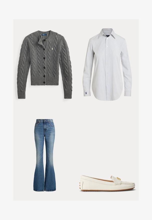 Cardigan gris en maille torsadée avec boutonnage devant, manches longues, poignets et ourlet côtelés, orné d'un petit logo blanc brodé sur la poitrine.; Chemise blanche à manches longues boutonnée avec fines rayures verticales bleues et un logo bleu brodé sur le poignet gauche.; Jean en denim bleu taille haute avec jambes évasées et légère décoloration sur la partie avant des cuisses, présenté sur fond blanc.; Mocassin en cuir blanc avec semelle en caoutchouc couleur tabac et petit détail de boucle dorée sur le dessus, présenté de côté sur un fond uni.