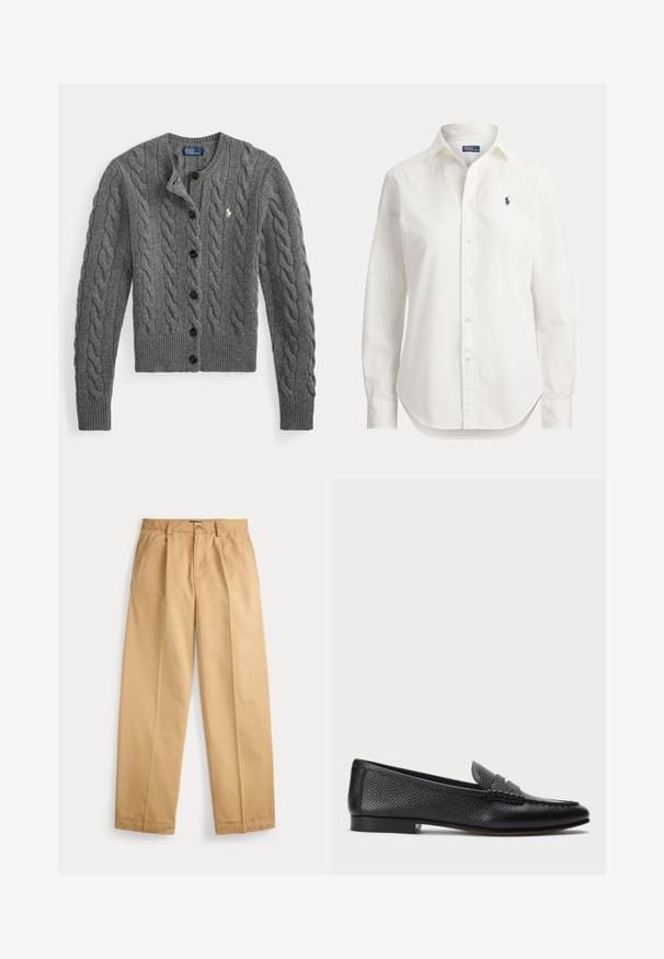Grå kabelstrikket cardigan med knapper foran, lange ærmer, ribstrikkede manchetter og kant, med et lille hvidt broderet logo på brystet.; Hvid langærmet skjorte med knapper, krave og lille blåt logo af en polospiller på venstre bryst.; Beige bukser med lige ben, lukning med knap og lynlås, forlommer, bæltestropper og pressede folder ned langs benene.; Sorte læder loafers med struktureret finish, der har en dekorativ rem og flad hæl. Slank, minimalistisk design med rund tå.