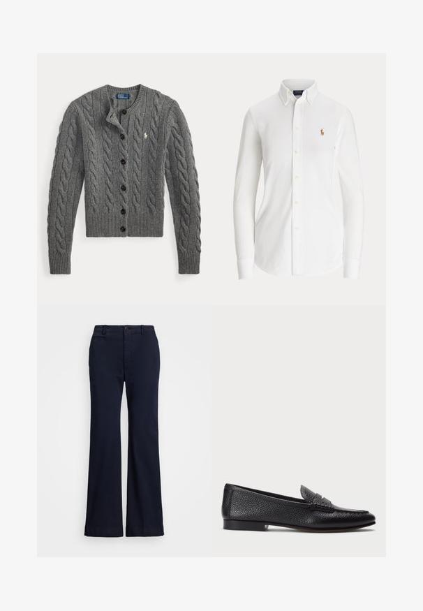 Cardigan gris en maille torsadée avec boutonnage devant, manches longues, poignets et ourlet côtelés, orné d'un petit logo blanc brodé sur la poitrine.; Chemise blanche à manches longues avec boutons, col boutonné et petit logo brodé joueur de polo sur la poitrine.; Pantalon évasé bleu marine en mélange de coton doux. Doté de poches avant, d'une fermeture à bouton et de détails de couture à l'ourlet.; Mocassin en cuir noir avec une finition texturée, doté d'une sangle décorative et d'un talon plat. Design épuré et minimal avec un bout arrondi.