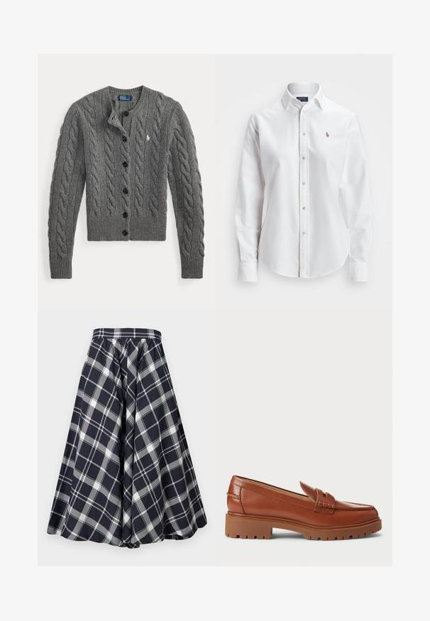 Grijze kabelgebreide cardigan met knopen aan de voorkant, lange mouwen, geribde manchetten en zoom, met een klein wit geborduurd logo op de borst.; Witte, lange mouwen, button-up overhemd van katoen, met een klassieke kraag en een klein geborduurd logo op de borst.; Marineblauwe en witte geruite midi-rok met een geplooide tailleband en geplooide volle A-lijn silhouet tegen een effen achtergrond.; Bruine leren instappers met een moccasin teenontwerp, zichtbare stiksels en een chunky, gestructureerde rubberen zool. Accenten van goudkleurig beslag.