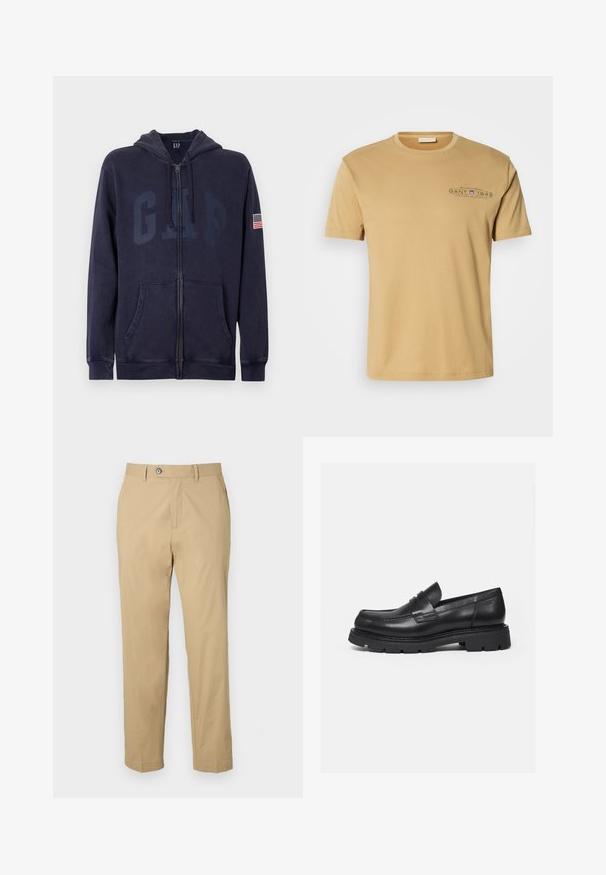 Marineblauer Hoodie mit Reißverschluss aus weichem Baumwollmischgewebe. Verfügt über Taschen vorne, Kapuze mit Kordelzug und großes GAP-Logo mit amerikanischer Flaggenpatch am Ärmel.; Hellbeige Baumwoll-T-Shirt mit rundem Halsausschnitt, kurzen Ärmeln und einem bedruckten Logo mit "GANT 1949" in Dunkelblau auf der Brust.; Beige Hosen aus Baumwollmischung mit geradem Bein, vorderen Taschen und Knopfverschluss. Glatte Textur und umgeschlagene Säume.; Schwarzer Lederloafer mit dicker, profilierter Sohle und Pennyriemen-Detail, von der rechten Seitenansicht auf weißem Hintergrund gezeigt.