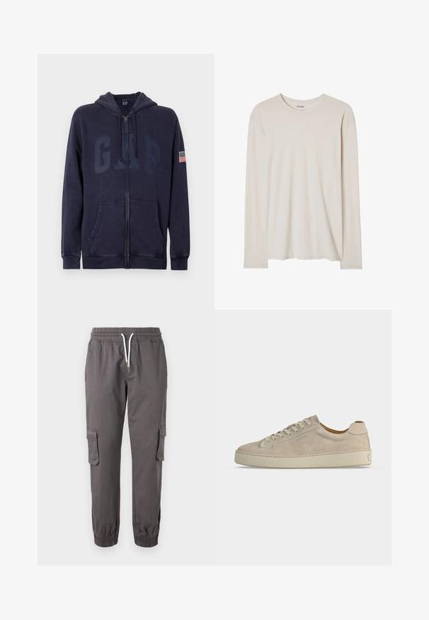 Navy zip-up hoodie gemaakt van een zachte katoenmix. Voorzien van zakken aan de voorkant, een capuchon met trekkoord en een grote GAP-logo met een Amerikaanse vlagpatch op de mouw.; Beige lange mouwen T-shirt van zacht materiaal. Heeft een ronde halslijn en een rechte zoom, zonder zichtbare patronen of versieringen.; Pier One RELAXED CARGO - Cargobroek - dark grey; Beige suède lage sneaker met vetersluiting en dikke rubberen zool, gezien vanaf de zijkant op een effen witte achtergrond.