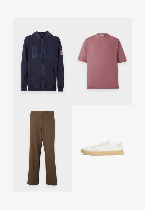 Marineblauer Hoodie mit Reißverschluss aus weichem Baumwollmischgewebe. Verfügt über Taschen vorne, Kapuze mit Kordelzug und großes GAP-Logo mit amerikanischer Flaggenpatch am Ärmel.; Rosa T-Shirt mit kurzen Ärmeln aus Baumwolle, mit einem runden Ausschnitt und einer lockeren Passform. Die Textur wirkt glatt und weich, ohne Muster.; Braune, gerade geschnittene Hosen aus strukturiertem Stoff, mit Knopfverschluss und normalem Bund, seitlichen Taschen und taillierten Nähten.; Weiße Sneaker aus Leder und Wildleder, mit einem Schnürdesign, einer hellbraunen Gummisohle und einem kleinen Logo an der Seite.