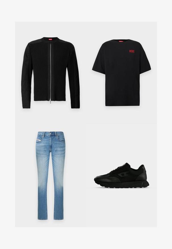 Schwarze Jacke mit Reißverschluss vorne, die eine vertikale gerippte Struktur und einen runden Ausschnitt aufweist. Weicher Stoff mit langen Ärmeln und einer taillierten Silhouette.; Schwarzes T-Shirt aus Baumwolle, mit kurzen Ärmeln, rundem Ausschnitt und einem roten "DIESEL"-Logo auf der linken Brustseite.; Hellblaue Jeans aus Denim mit figurbetontem Schnitt, geradem Bein und dezentem Farbverlauf nach unten. Klassischer Fünf-Taschen-Stil.; Schwarzer Low-Top-Sneaker mit strukturiertem Leder und Stoffpaneelen, Schnürverschluss und dicker Gummisohle auf einfachem hellem Hintergrund.